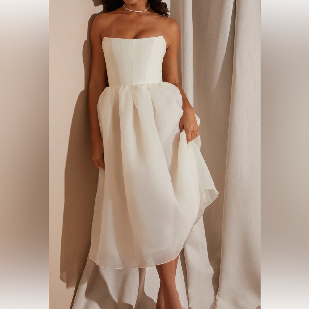 Oh Polly Marise Strapless Corset Tulle Midi Dress in White